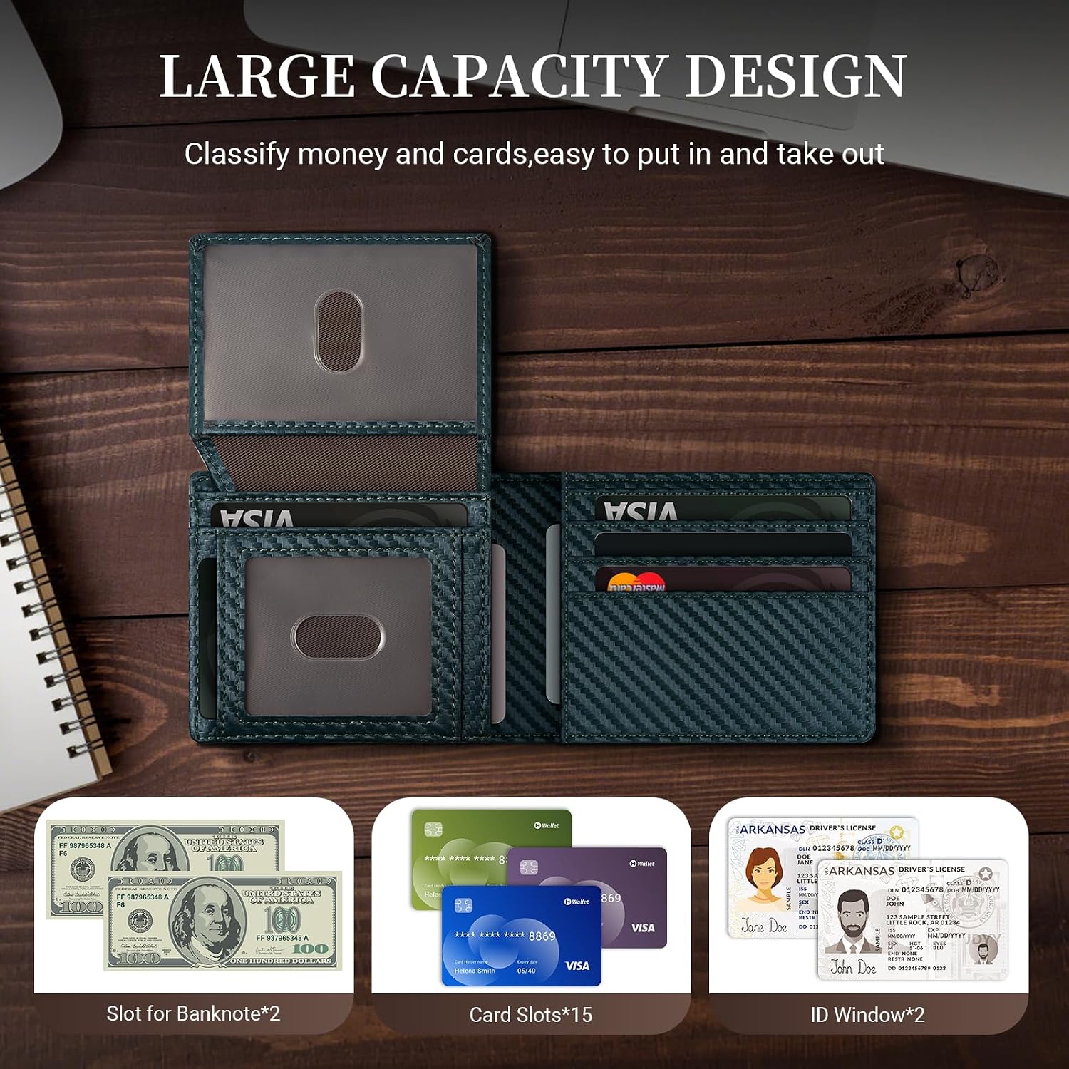 BILLETERA PARA HOMBRE GNDR DE CUERO VERDE CON BLOQUEO RFID Y PORTA TARJETAS BIFOLD - 2
