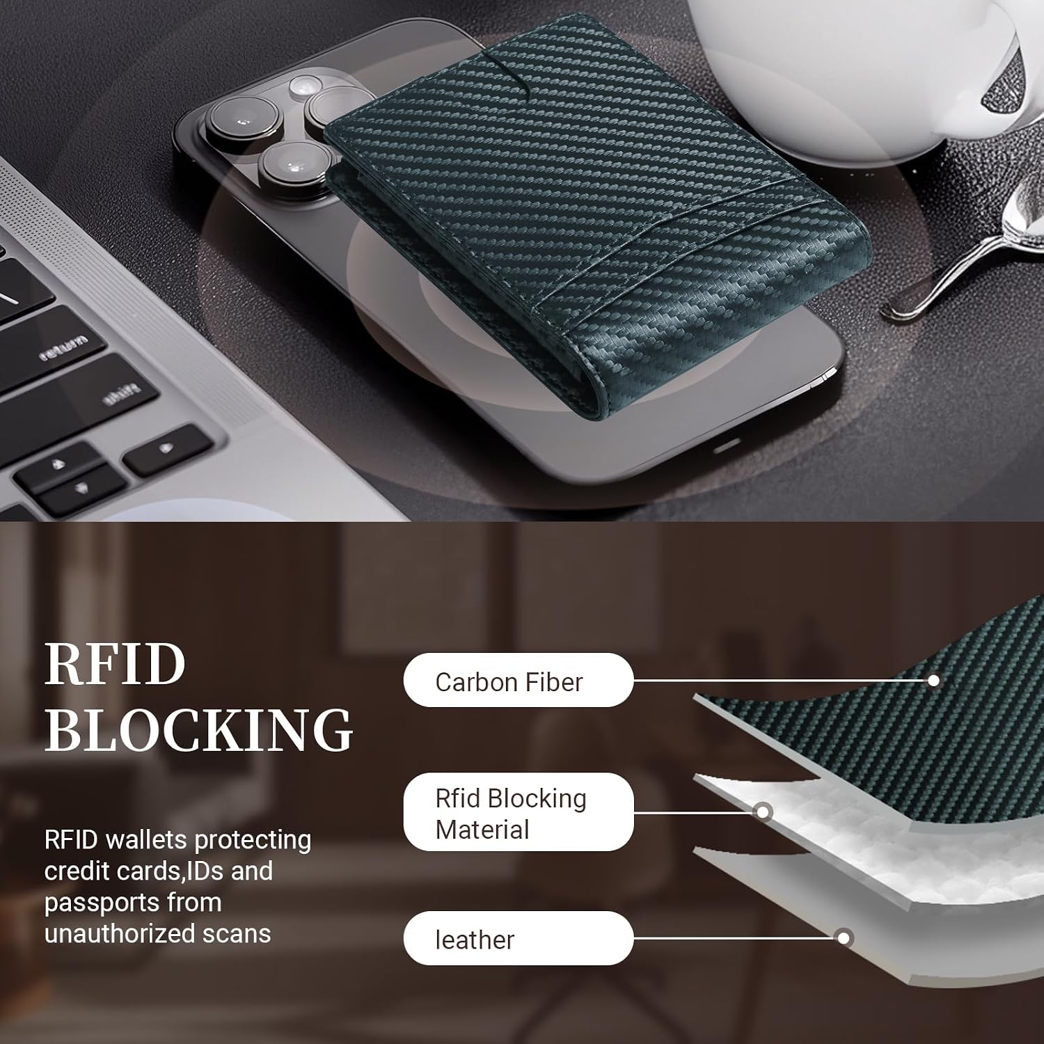 BILLETERA PARA HOMBRE GNDR DE CUERO VERDE CON BLOQUEO RFID Y PORTA TARJETAS BIFOLD - 4