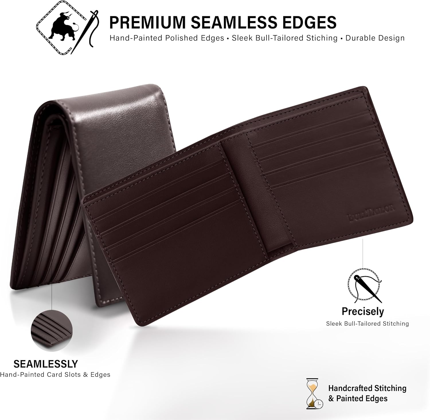 BILLETERA DE CUERO FULL-GRAIN PARA HOMBRE BULLTAILOR, SLIM BIFOLD CON BLOQUEO RFID Y 8 RANURAS PARA TARJETAS, COLOR MARRÓN OSCURO - 4