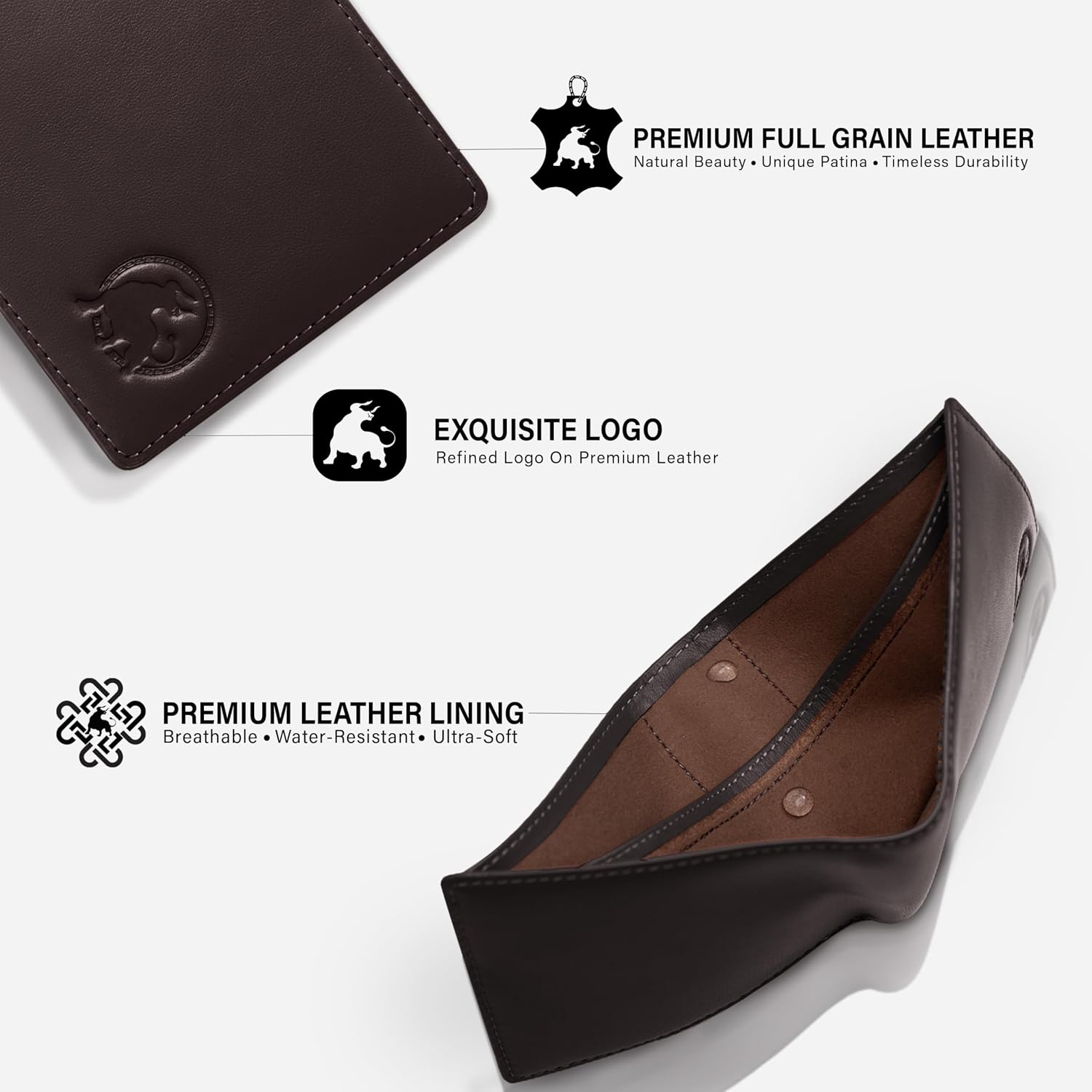 BILLETERA DE CUERO FULL-GRAIN PARA HOMBRE BULLTAILOR, SLIM BIFOLD CON BLOQUEO RFID Y 8 RANURAS PARA TARJETAS, COLOR MARRÓN OSCURO - 5