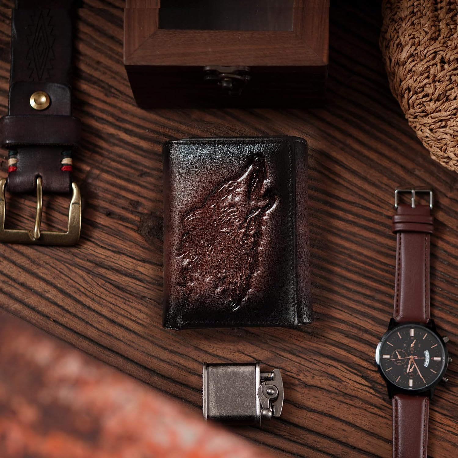BILLETERA TRIFOLD PARA HOMBRE SKNEEPHATE CUERO CON BLOQUEO RFID CAFÉ - 2
