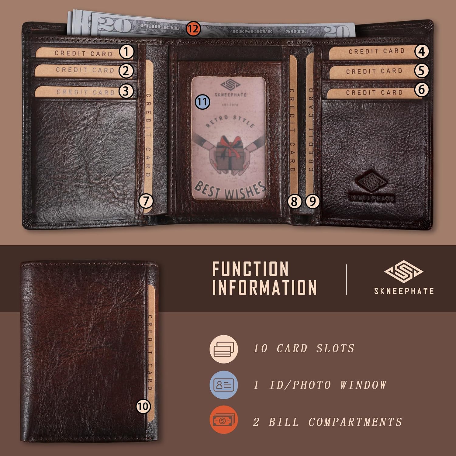BILLETERA TRIFOLD PARA HOMBRE SKNEEPHATE CUERO CON BLOQUEO RFID CAFÉ - 3