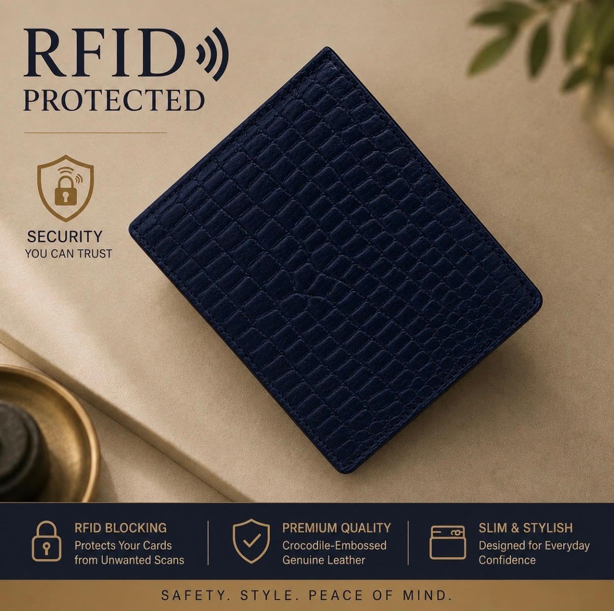 BILLETERA DE CUERO PARA HOMBRE BEAARIC RFID BLOQUEO BIFOLD AZUL MARINO - 2