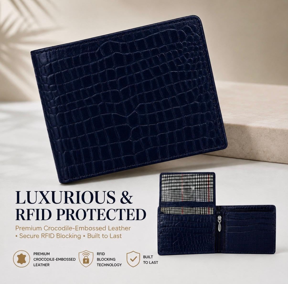 BILLETERA DE CUERO PARA HOMBRE BEAARIC RFID BLOQUEO BIFOLD AZUL MARINO - 4