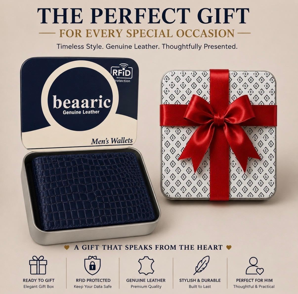 BILLETERA DE CUERO PARA HOMBRE BEAARIC RFID BLOQUEO BIFOLD AZUL MARINO - 5