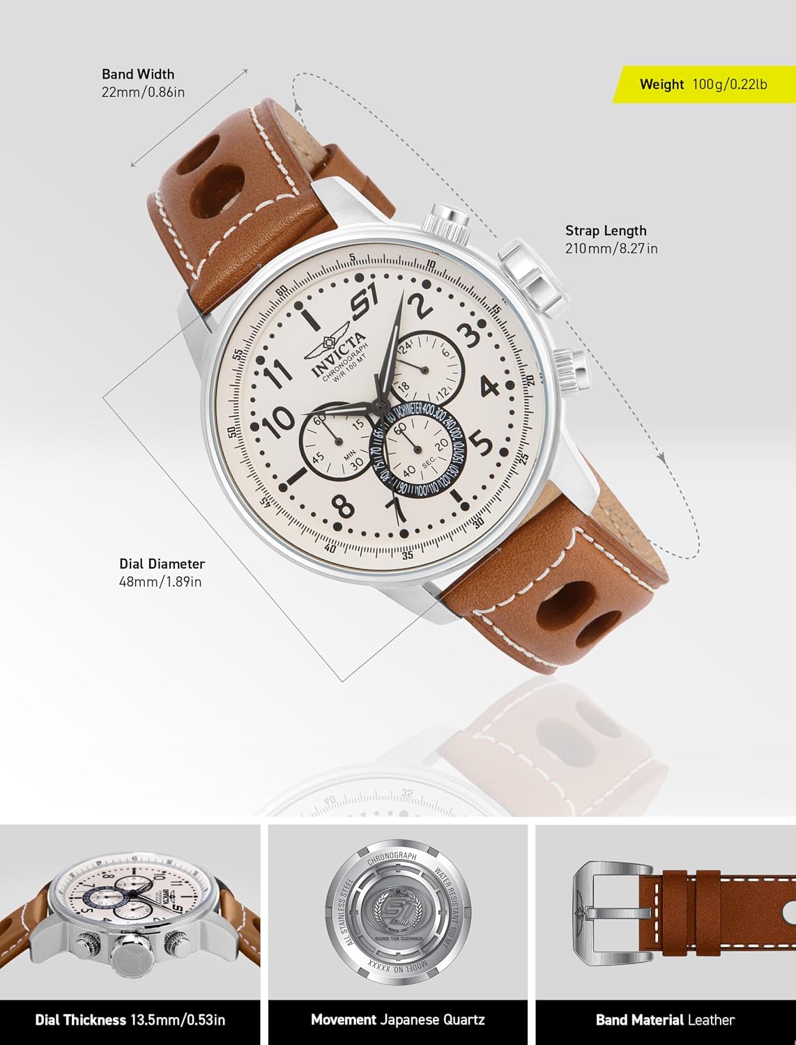 RELOJ DE PULSERA INVICTA S1 RALLY CRONÓGRAFO ACERO CON CORREA DE CUERO MARRÓN - 3