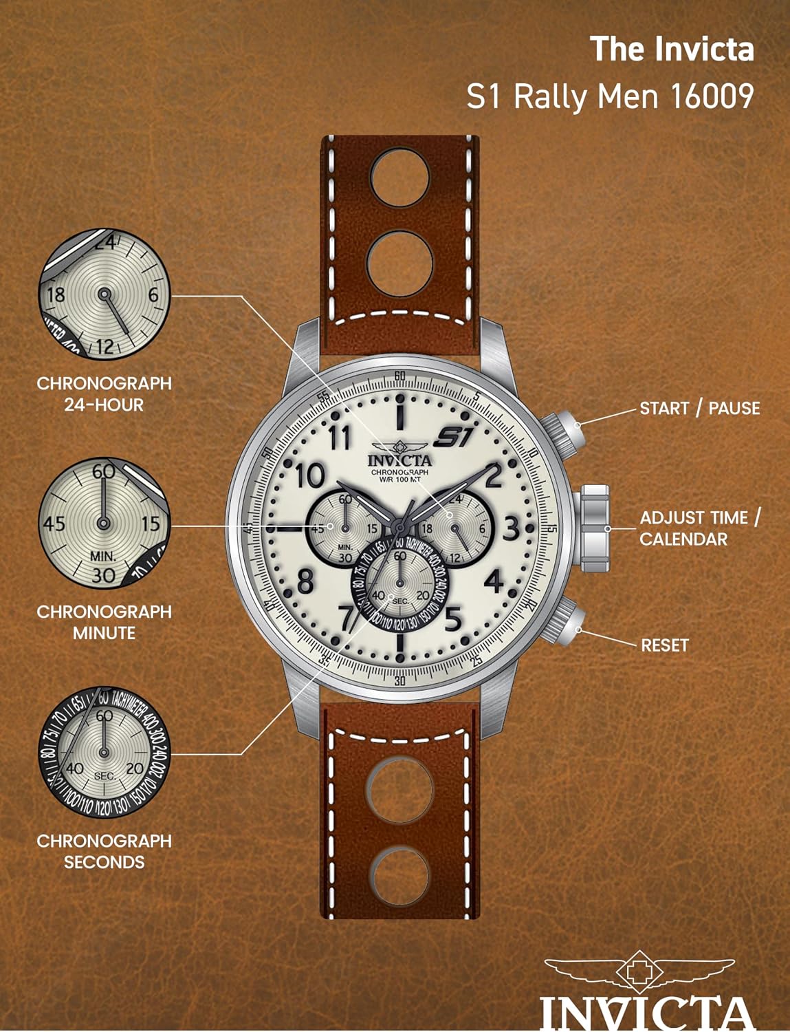 RELOJ DE PULSERA INVICTA S1 RALLY CRONÓGRAFO ACERO CON CORREA DE CUERO MARRÓN - 5