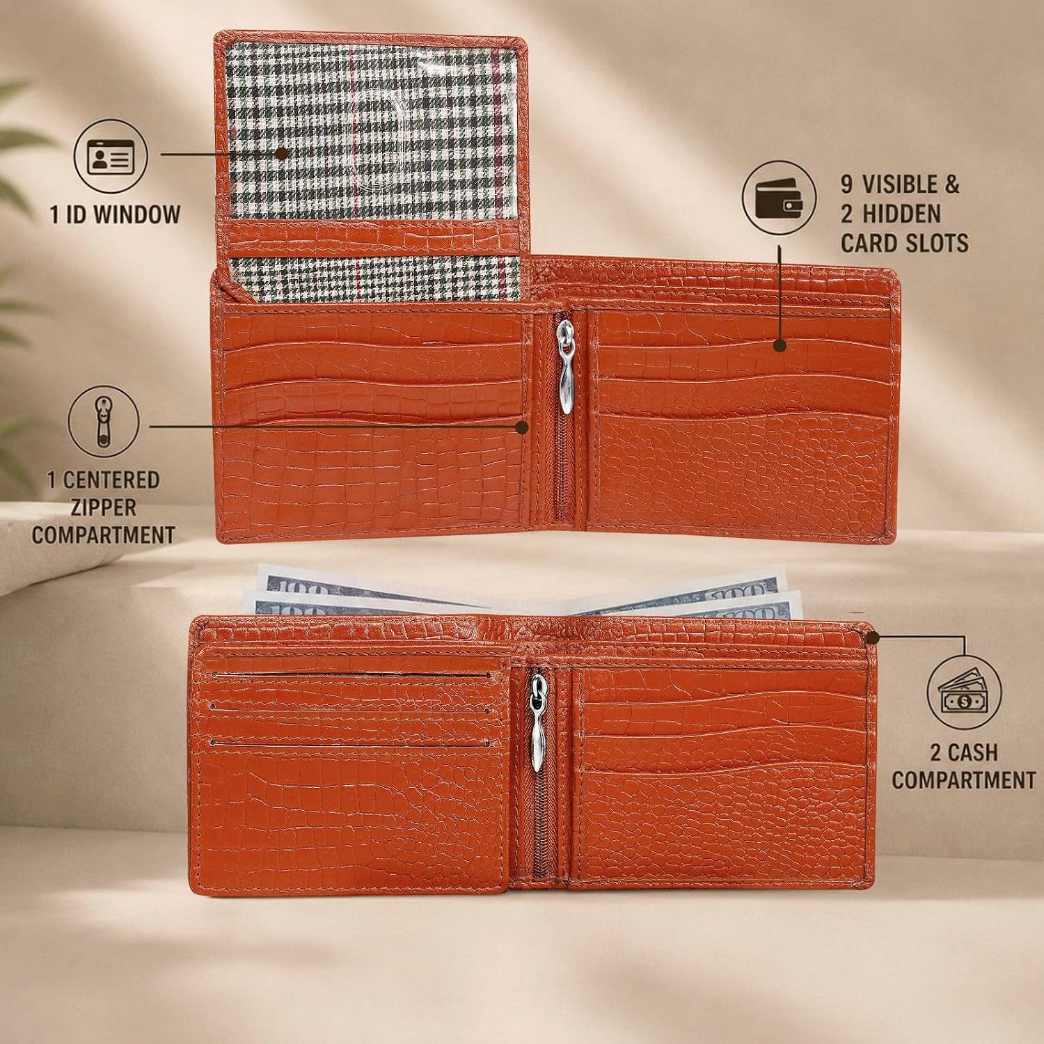 BILLETERA PARA HOMBRE BEAARIC DE CUERO GENUINO RFID BIFOLD CON 9 RANURAS PARA TARJETAS Y BOLSILLO PARA MONEDAS TAN - 2