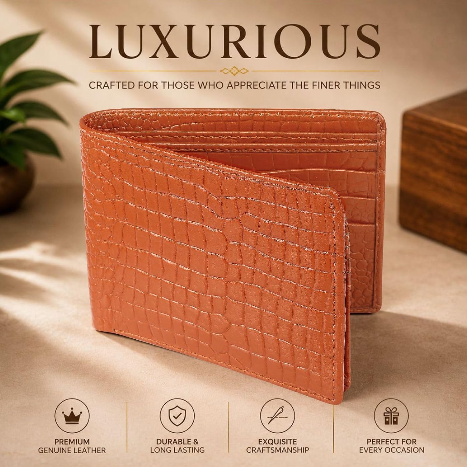 BILLETERA PARA HOMBRE BEAARIC DE CUERO GENUINO RFID BIFOLD CON 9 RANURAS PARA TARJETAS Y BOLSILLO PARA MONEDAS TAN - 4