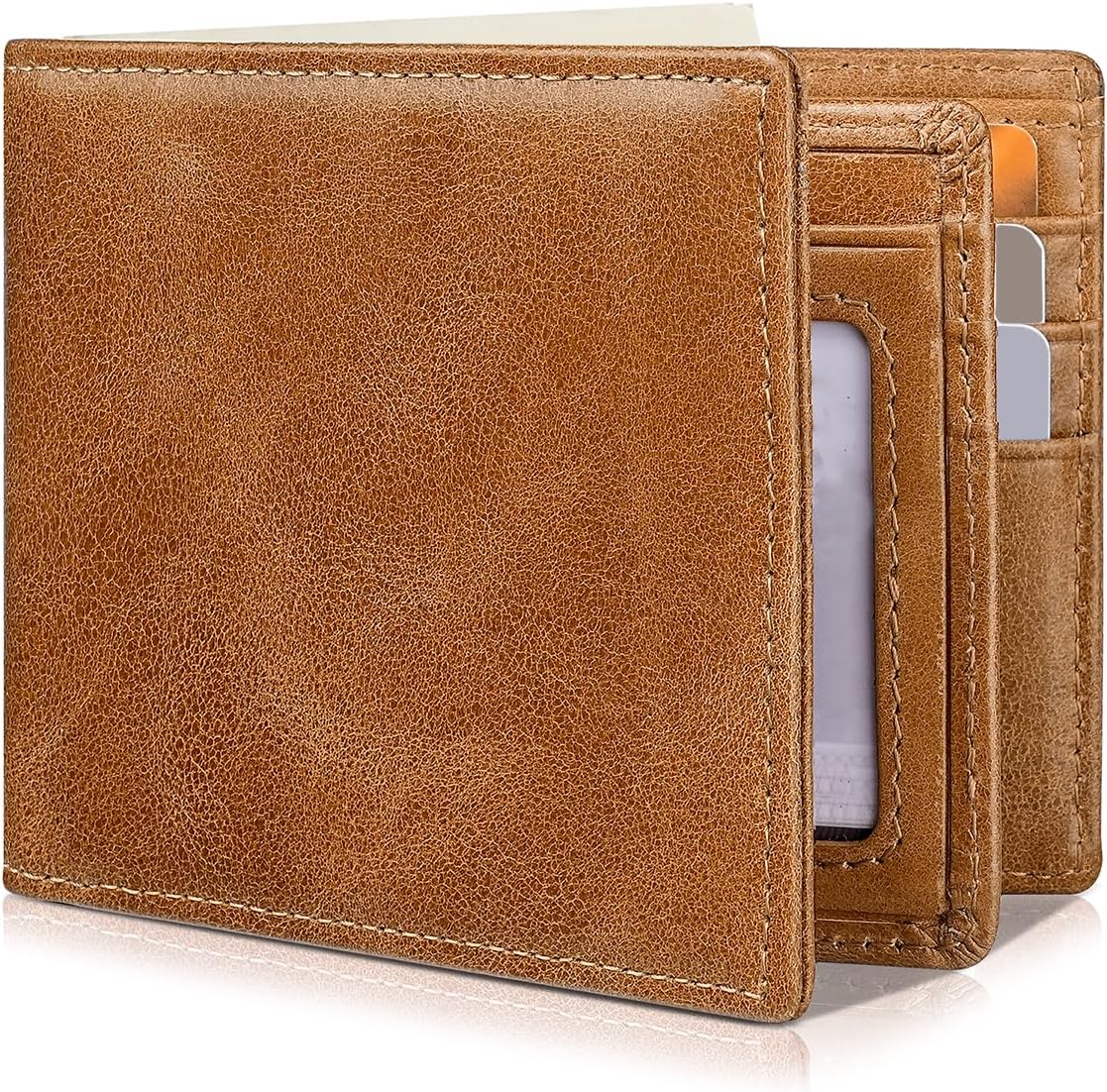BILLETERA PARA HOMBRE ARTPAXY DE CUERO GENUINO BIFOLD CON BLOQUEO RFID 13 TARJETEROS 2 BOLSILLOS PARA BILLETES VENTANA ID MARRÓN - 1