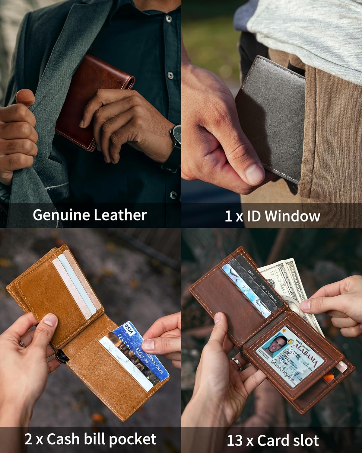 BILLETERA PARA HOMBRE ARTPAXY DE CUERO GENUINO BIFOLD CON BLOQUEO RFID 13 TARJETEROS 2 BOLSILLOS PARA BILLETES VENTANA ID MARRÓN - 3