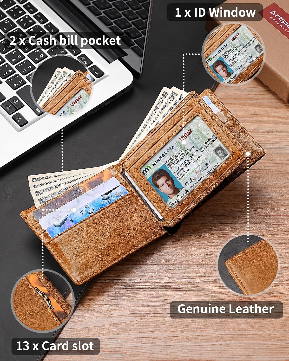 BILLETERA PARA HOMBRE ARTPAXY DE CUERO GENUINO BIFOLD CON BLOQUEO RFID 13 TARJETEROS 2 BOLSILLOS PARA BILLETES VENTANA ID MARRÓN - 4