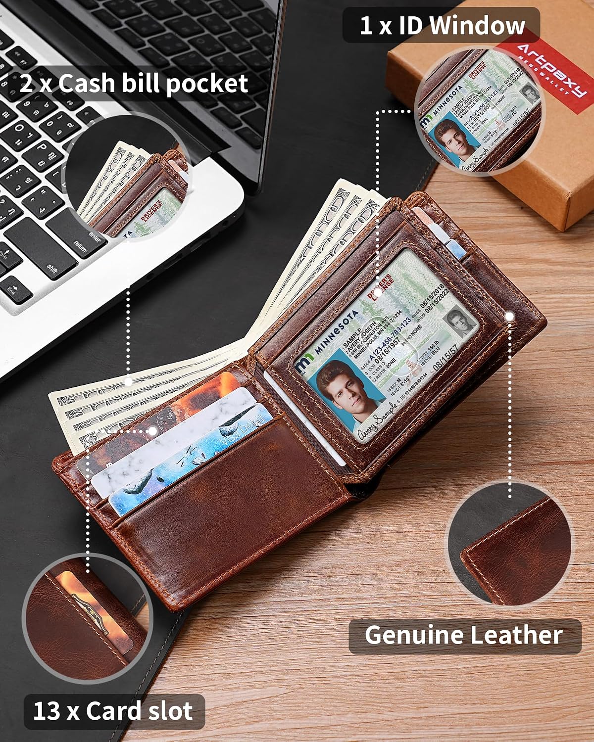 BILLETERA PARA HOMBRE ARTPAXY BIFOLD DE CUERO GENUINO CON BLOQUEO RFID Y 13 PORTA TARJETAS - 5