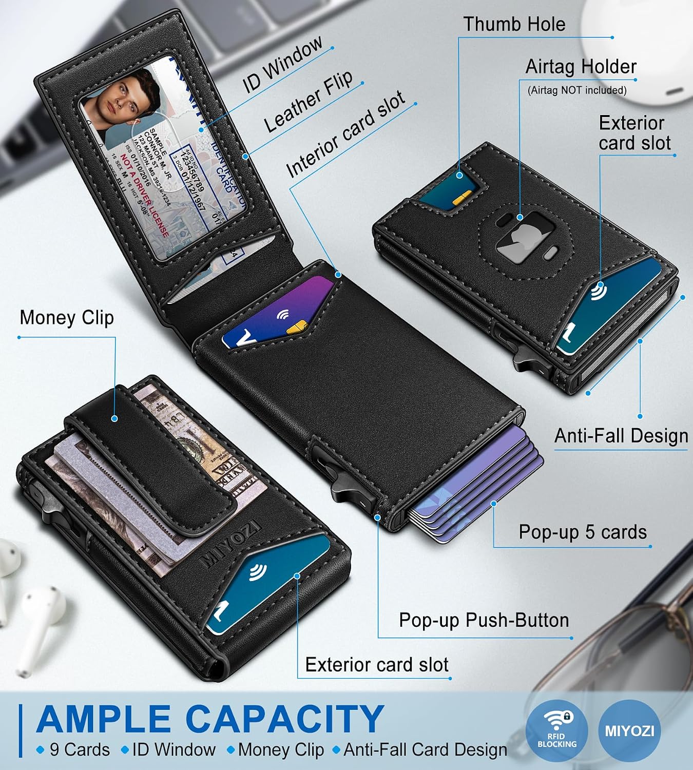 BILLETERA PARA HOMBRE MIYOZI CON CLIP PARA DINERO Y BLOQUEO RFID PARA AIRTAG - 2