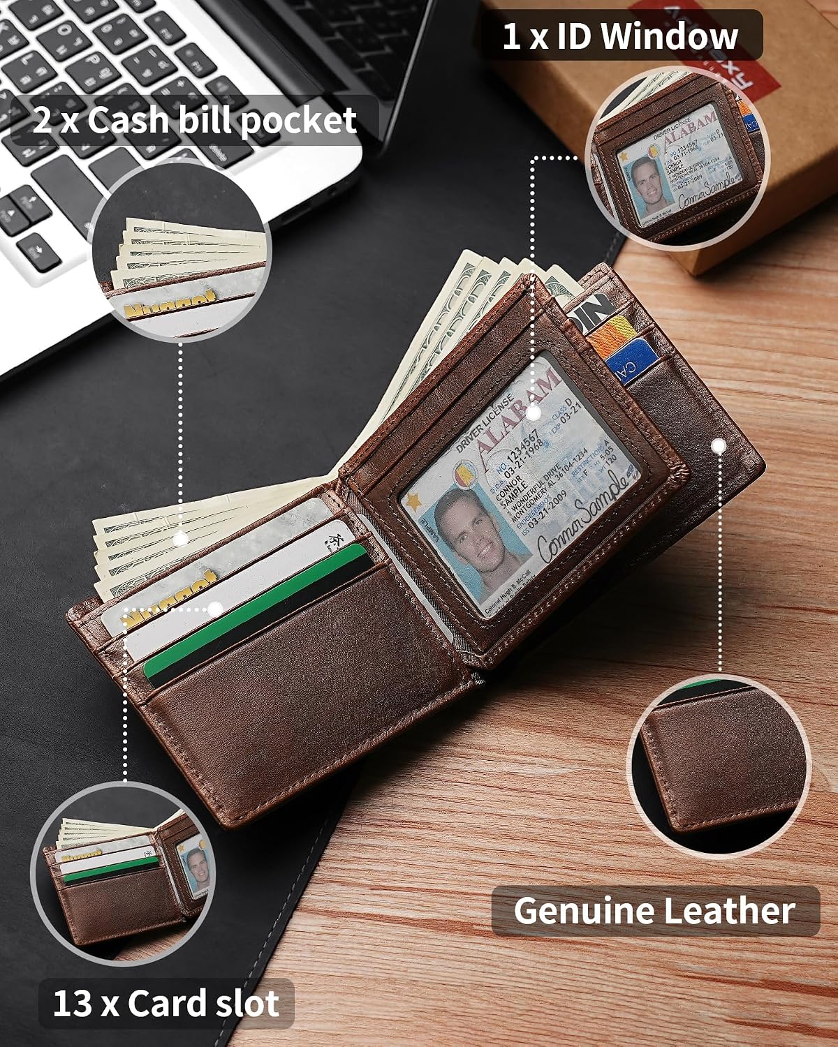 BILLETERA PARA HOMBRE ARTPAXY DE CUERO GENUINO BIFOLD CON BLOQUEO RFID 13 RANURAS PARA TARJETAS 1 VENTANA PARA ID 2 - 5