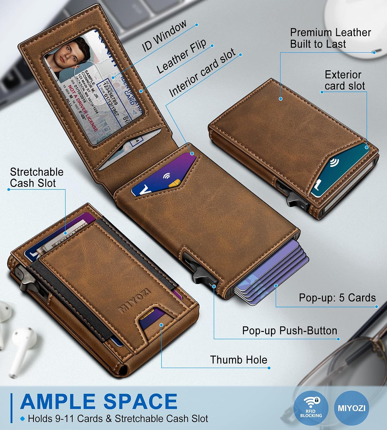 BILLETERA PARA HOMBRE MIYOZI SLIM POP UP CON BLOQUEO RFID Y VENTANA PARA ID - 2