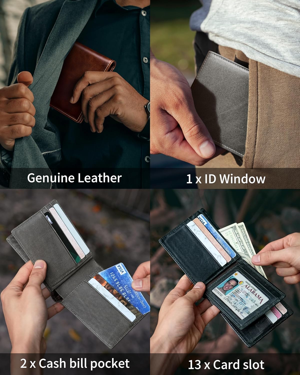 BILLETERA PARA HOMBRE ARTPAXY BIFOLD DE CUERO GENUINO CON BLOQUEO RFID 13 TARJETAS 2 COMPARTIMENTOS PARA BILLETES - 3