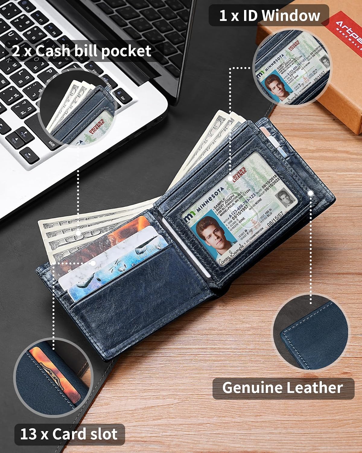 BILLETERA PARA HOMBRE ARTPAXY BIFOLD DE CUERO GENUINO CON BLOQUEO RFID 13 TARJETAS 2 COMPARTIMENTOS PARA BILLETES - 5