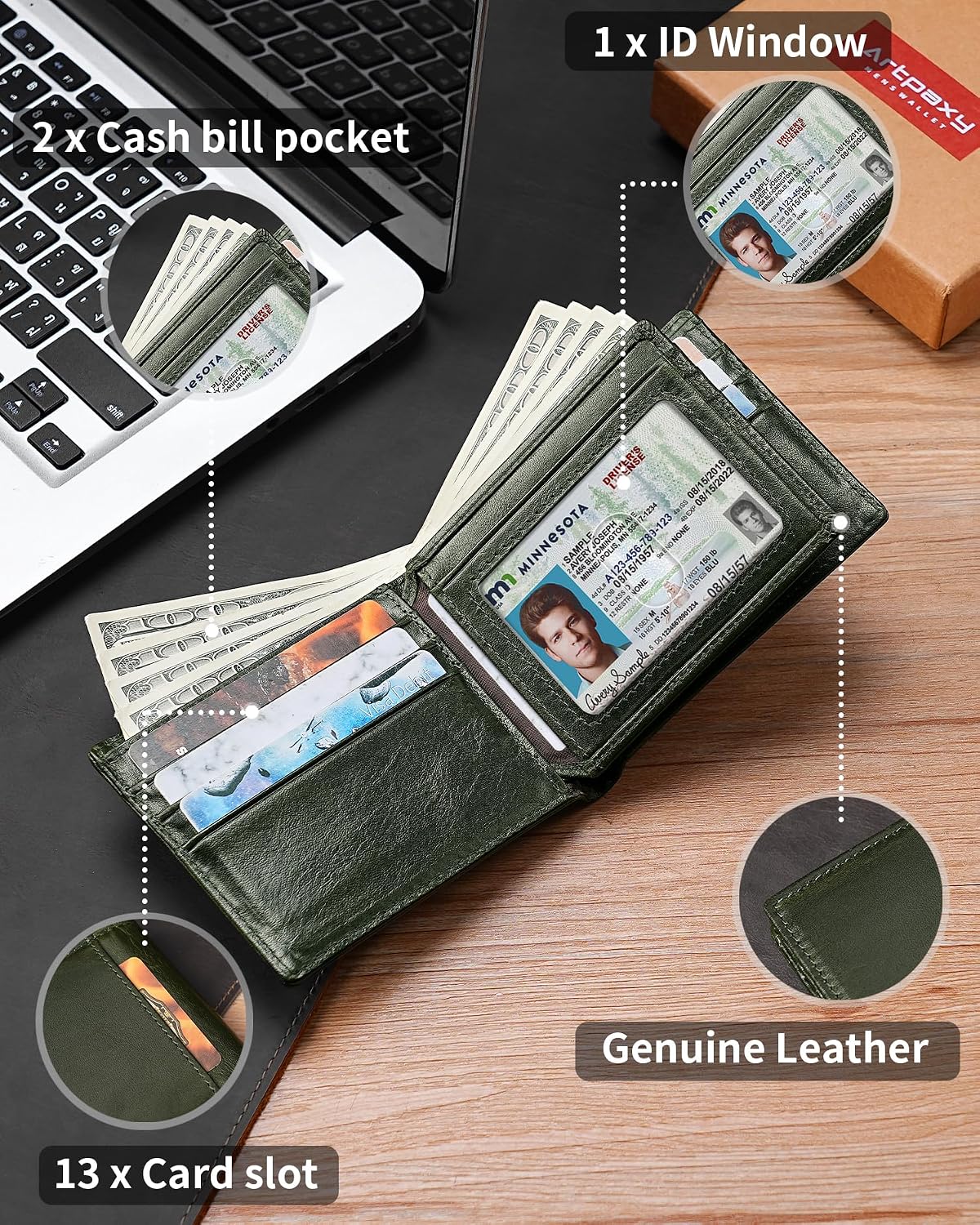 BILLETERA PARA HOMBRE ARTPAXY BIFOLD DE CUERO GENUINO CON BLOQUEO RFID - 5