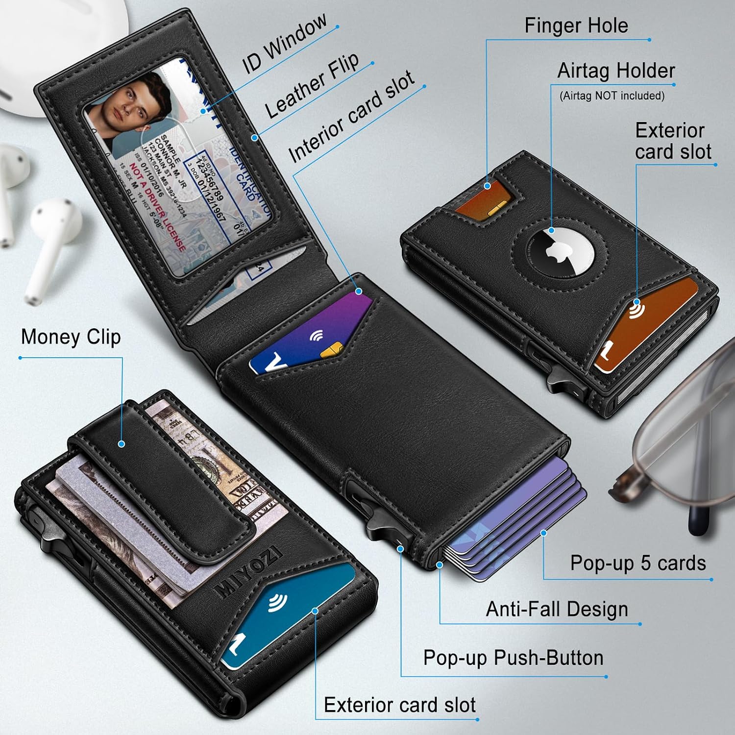 BILLETERA PARA HOMBRE MIYOZI CON CLIP PARA DINERO Y SOPORTE PARA 9 TARJETAS CON VENTANA PARA ID Y BLOQUEO RFID - 2