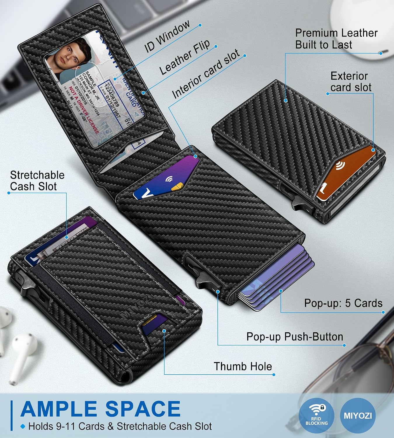 BILLETERA PARA HOMBRE MIYOZI SLIM POP UP CON BLOQUEO RFID Y VENTANA PARA ID - 2
