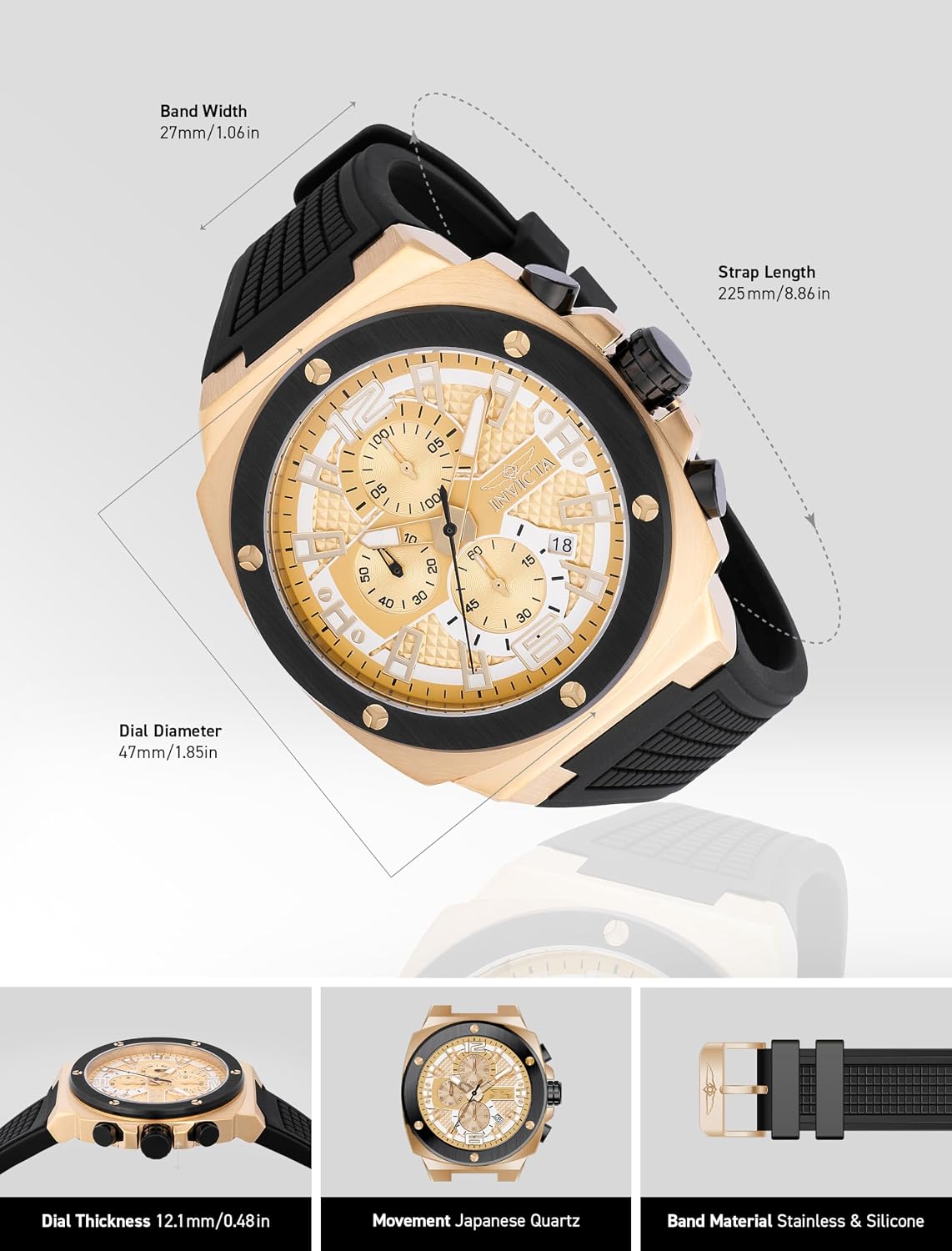 RELOJ DE PULSERA INVICTA RACING HOMBRE 47MM ACERO DORADO CON ESFERA NEGRO DORADO VD57 QUARTZ - 3