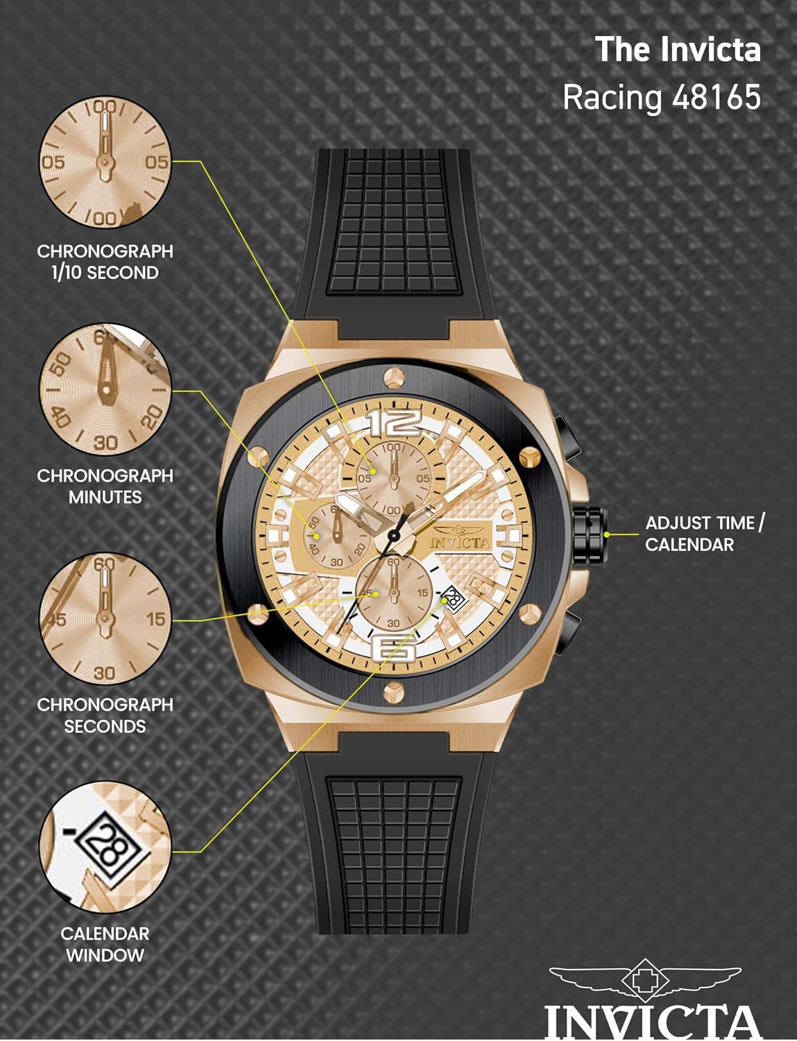 RELOJ DE PULSERA INVICTA RACING HOMBRE 47MM ACERO DORADO CON ESFERA NEGRO DORADO VD57 QUARTZ - 4