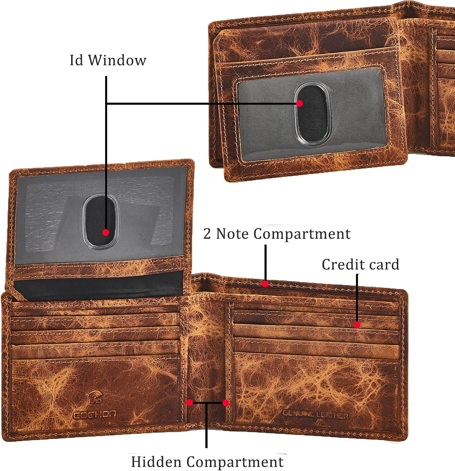 BILLETERA PARA HOMBRE COCHOA SLIM RFID BLOQUEO CUERO BIFOLD MINIMALISTA 2 VENTANAS ID DISTRESSED HAVANA - 2