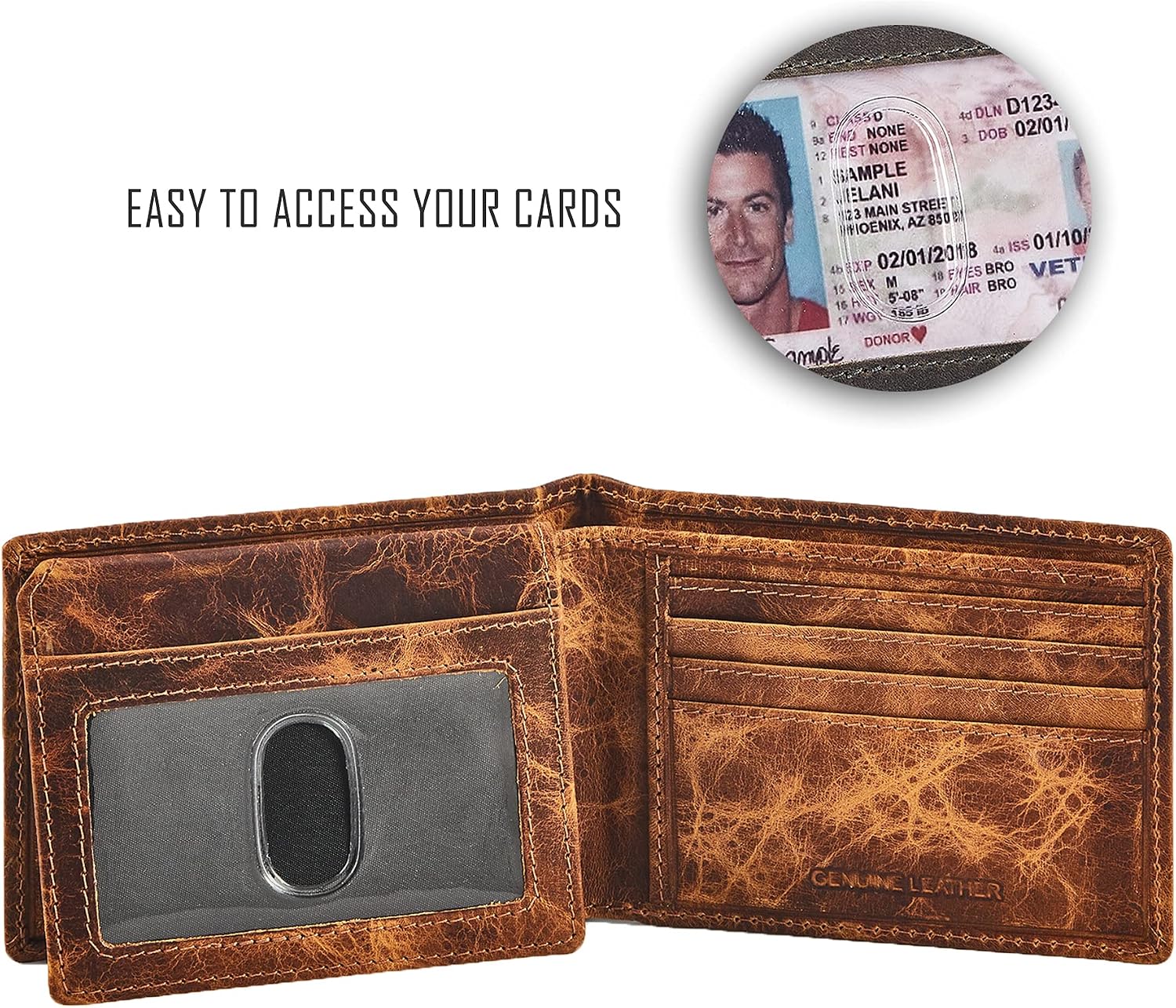 BILLETERA PARA HOMBRE COCHOA SLIM RFID BLOQUEO CUERO BIFOLD MINIMALISTA 2 VENTANAS ID DISTRESSED HAVANA - 5