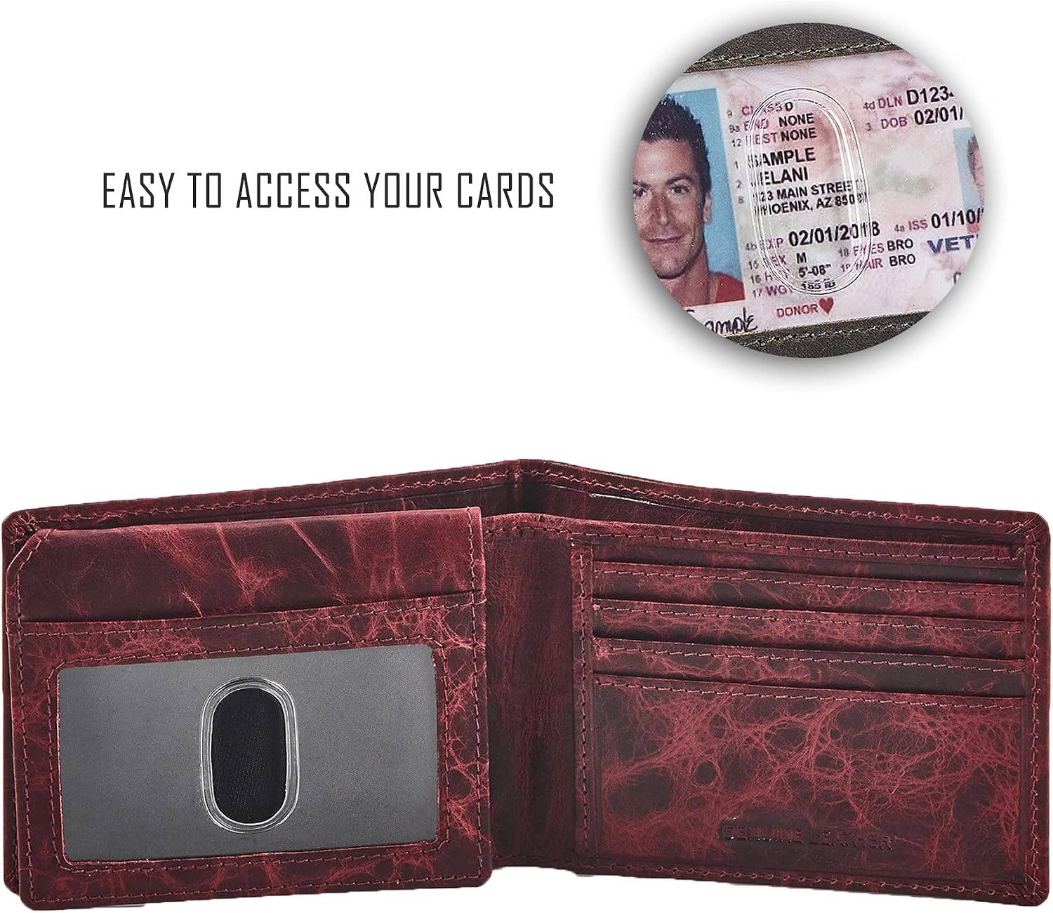 BILLETERA PARA HOMBRE COCHOA SLIM RFID BLOQUEO CUERO GENUINO BIFOLD CON 2 VENTANAS PARA ID - 5