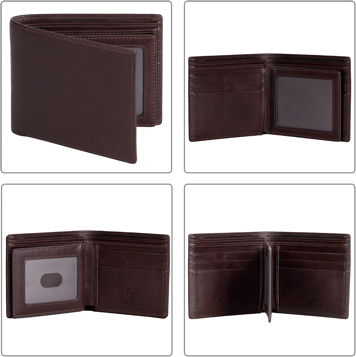 BILLETERA PARA HOMBRE VISOUL BIFOLD DE CUERO GENUINO CON BLOQUEO RFID Y 2 VENTANAS PARA ID CAFÉ - 2