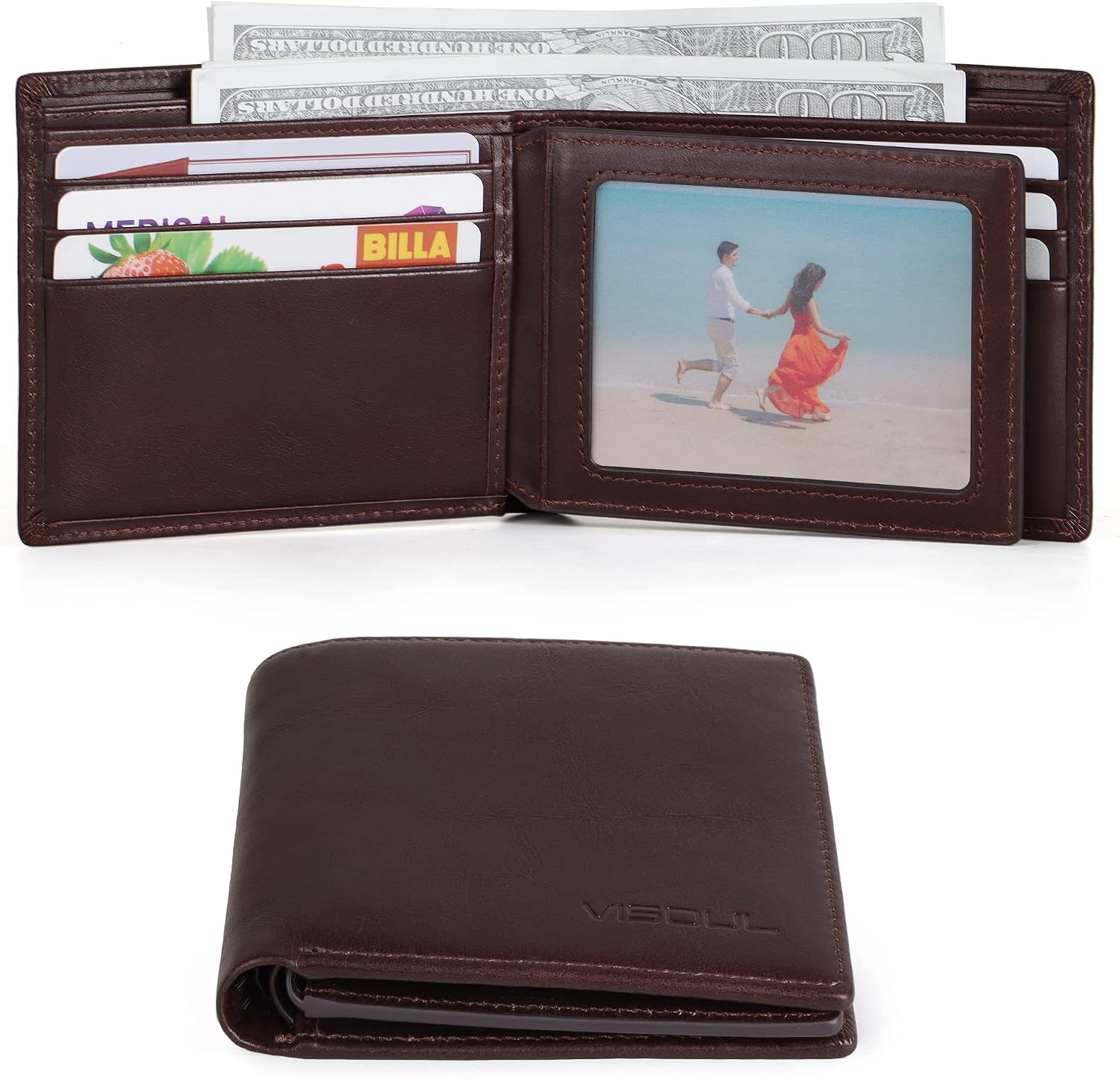 BILLETERA PARA HOMBRE VISOUL BIFOLD DE CUERO GENUINO CON BLOQUEO RFID Y 2 VENTANAS PARA ID CAFÉ - 3