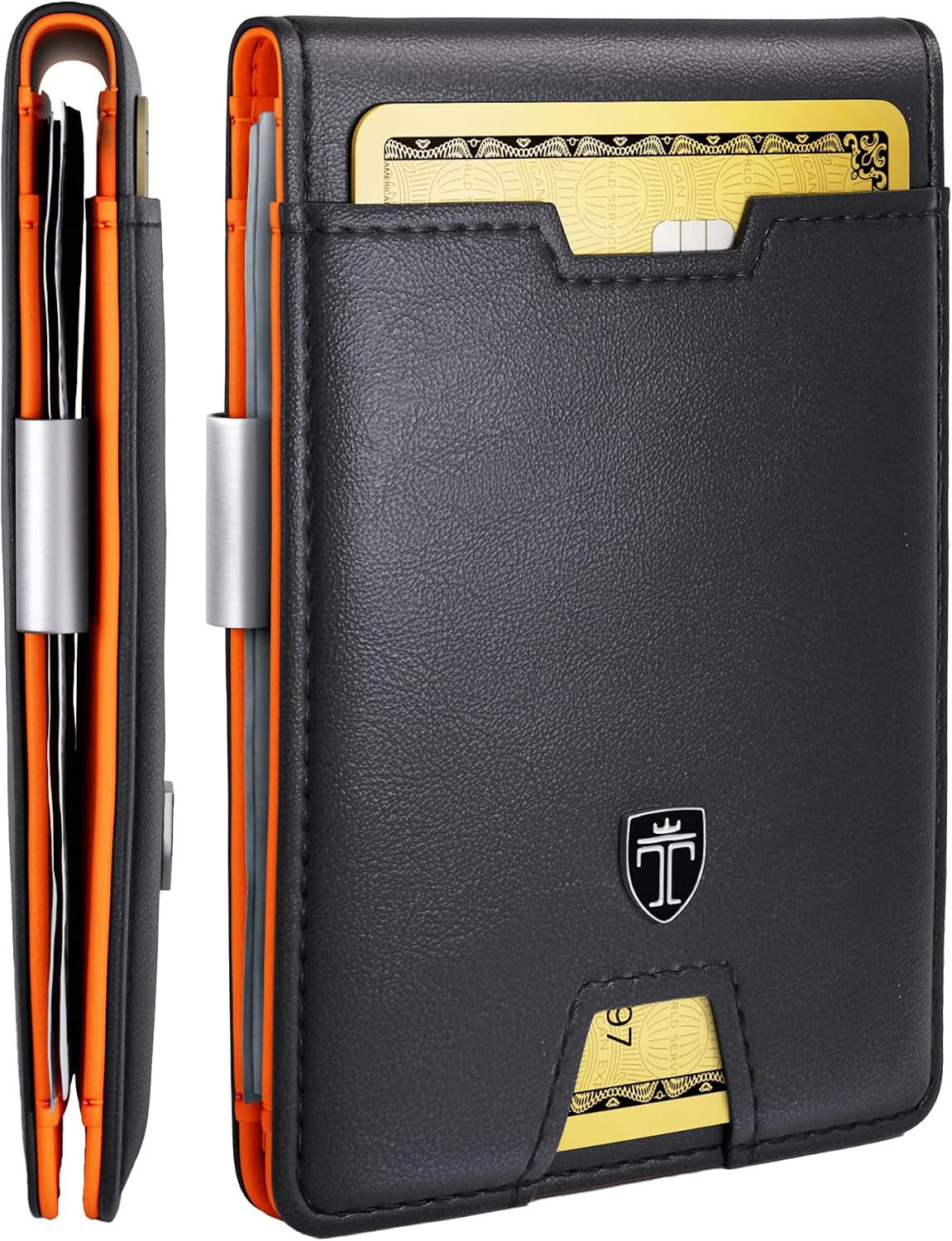 BILLETERA TRAVANDO MONEY CLIP WALLET PARA HOMBRE 11 TARJETAS CON PROTECCIÓN RFID NEGRO Y NARANJA - 1