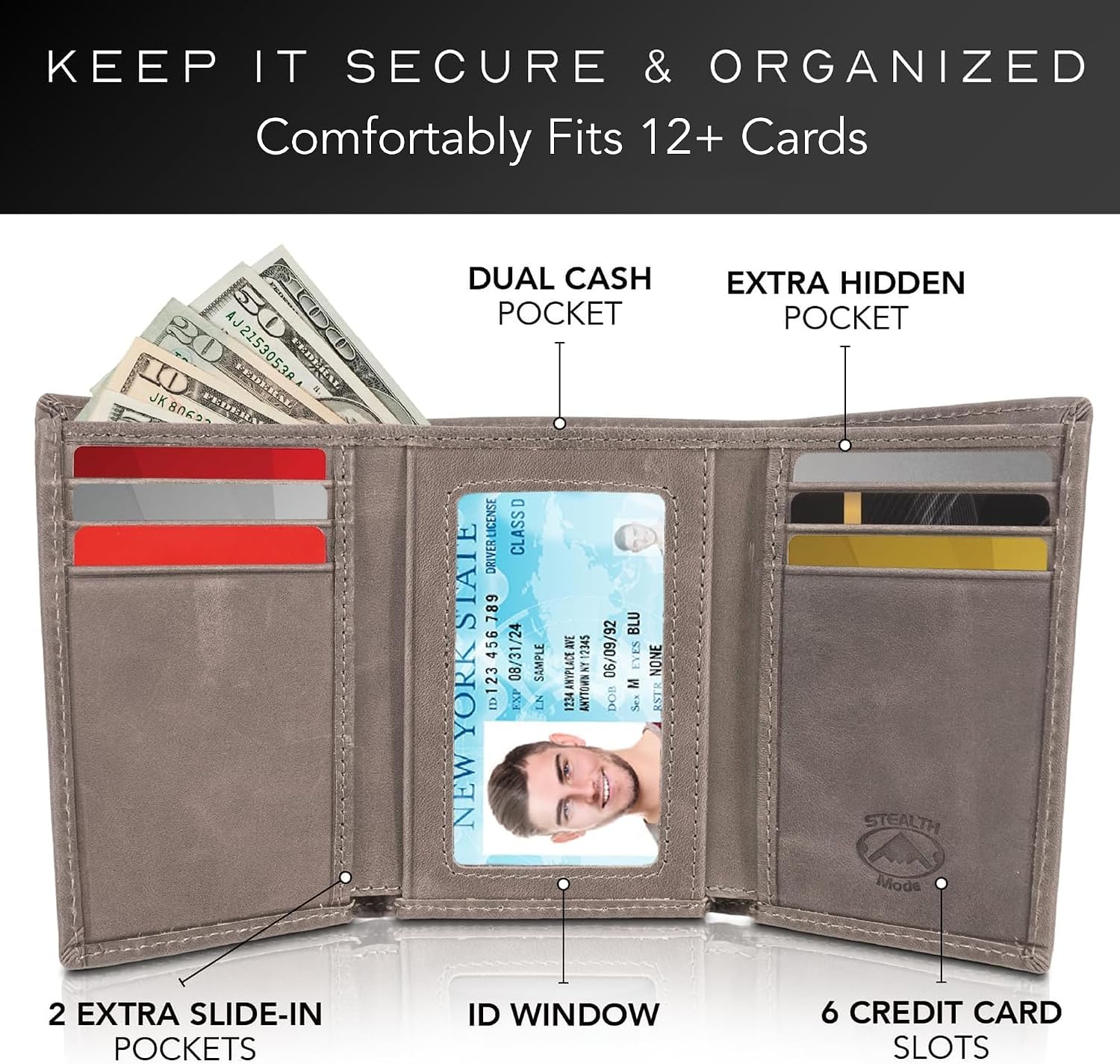 BILLETERA TRIFOLD STEALTH MODE PARA HOMBRE CON BLOQUEO RFID GRIS - 2