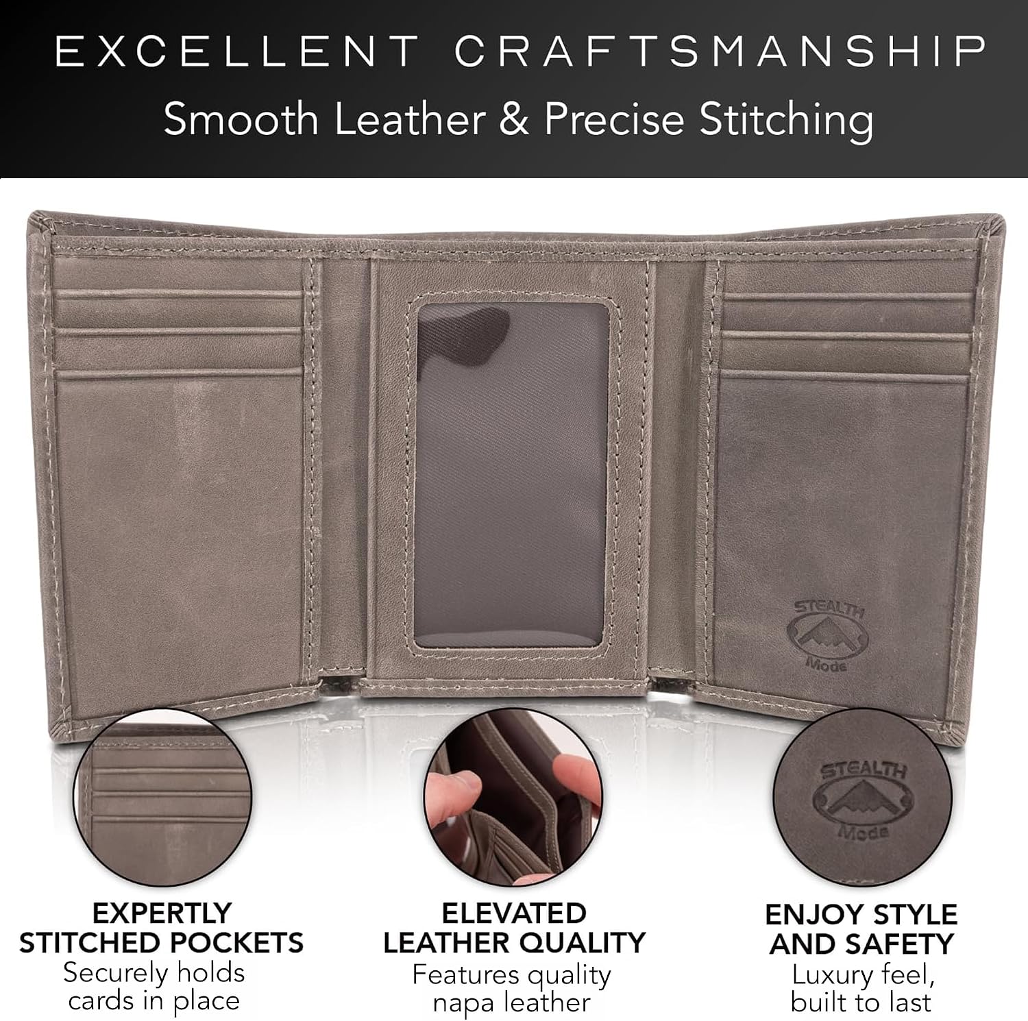 BILLETERA TRIFOLD STEALTH MODE PARA HOMBRE CON BLOQUEO RFID GRIS - 3