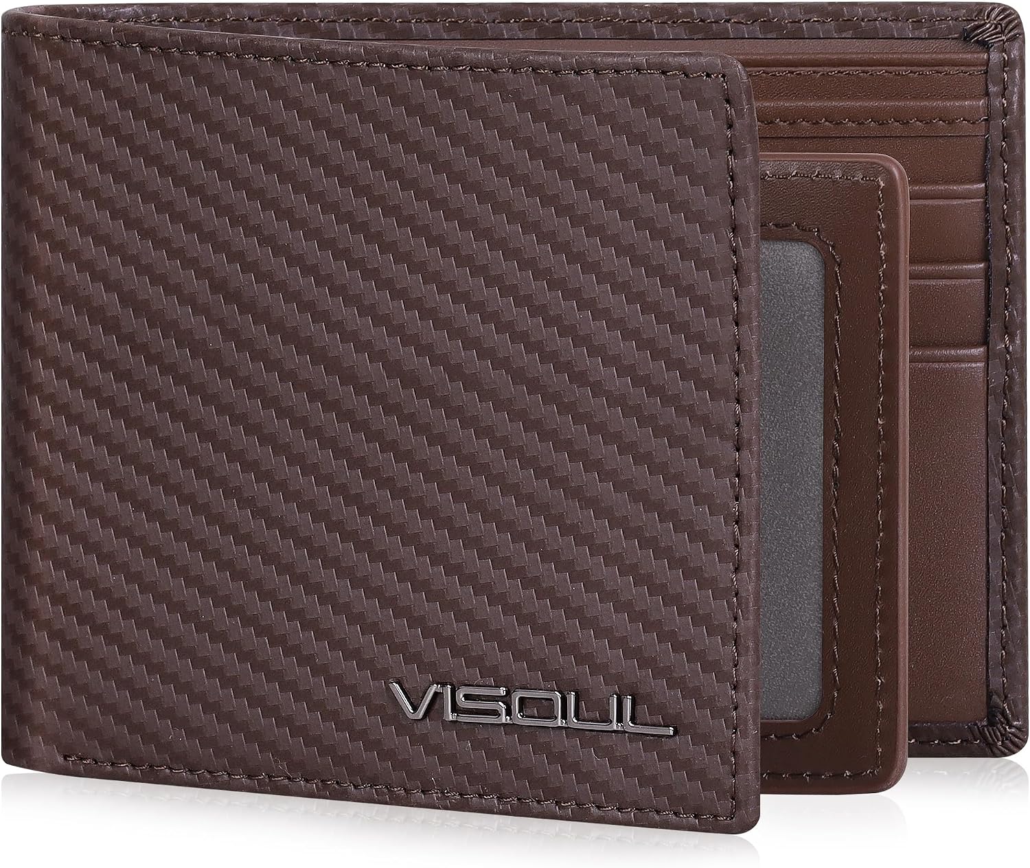 BILLETERA PARA HOMBRE VISOUL BIFOLD DE CUERO CON FIBRA DE CARBONO Y BLOQUEO RFID MARRÓN - 1