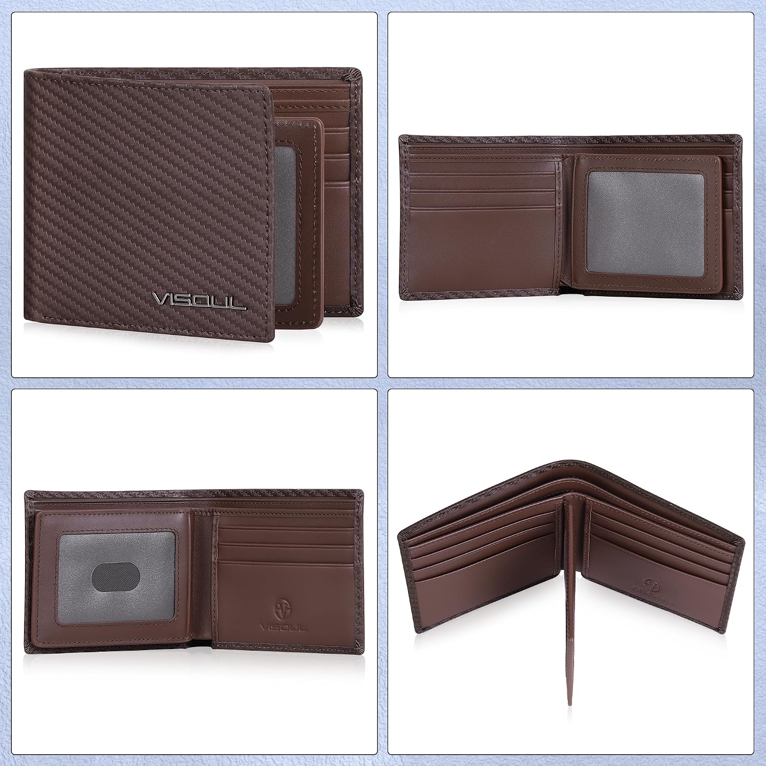 BILLETERA PARA HOMBRE VISOUL BIFOLD DE CUERO CON FIBRA DE CARBONO Y BLOQUEO RFID MARRÓN - 2