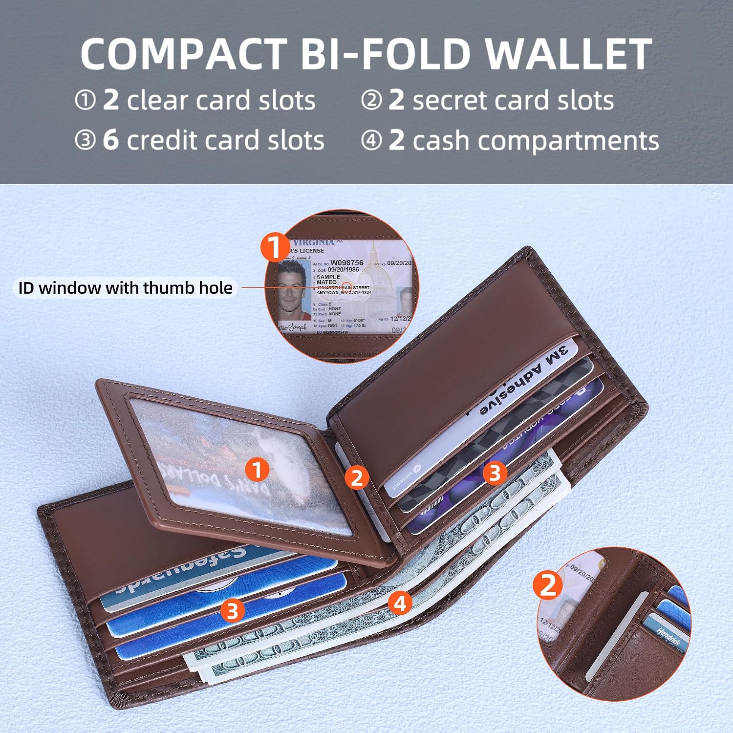 BILLETERA PARA HOMBRE VISOUL BIFOLD DE CUERO CON FIBRA DE CARBONO Y BLOQUEO RFID MARRÓN - 3