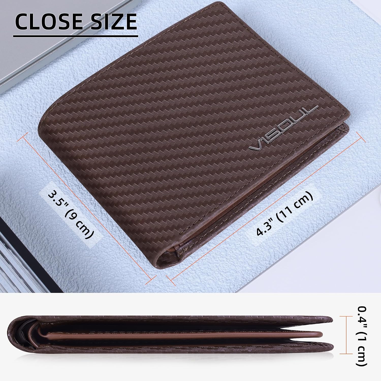 BILLETERA PARA HOMBRE VISOUL BIFOLD DE CUERO CON FIBRA DE CARBONO Y BLOQUEO RFID MARRÓN - 4