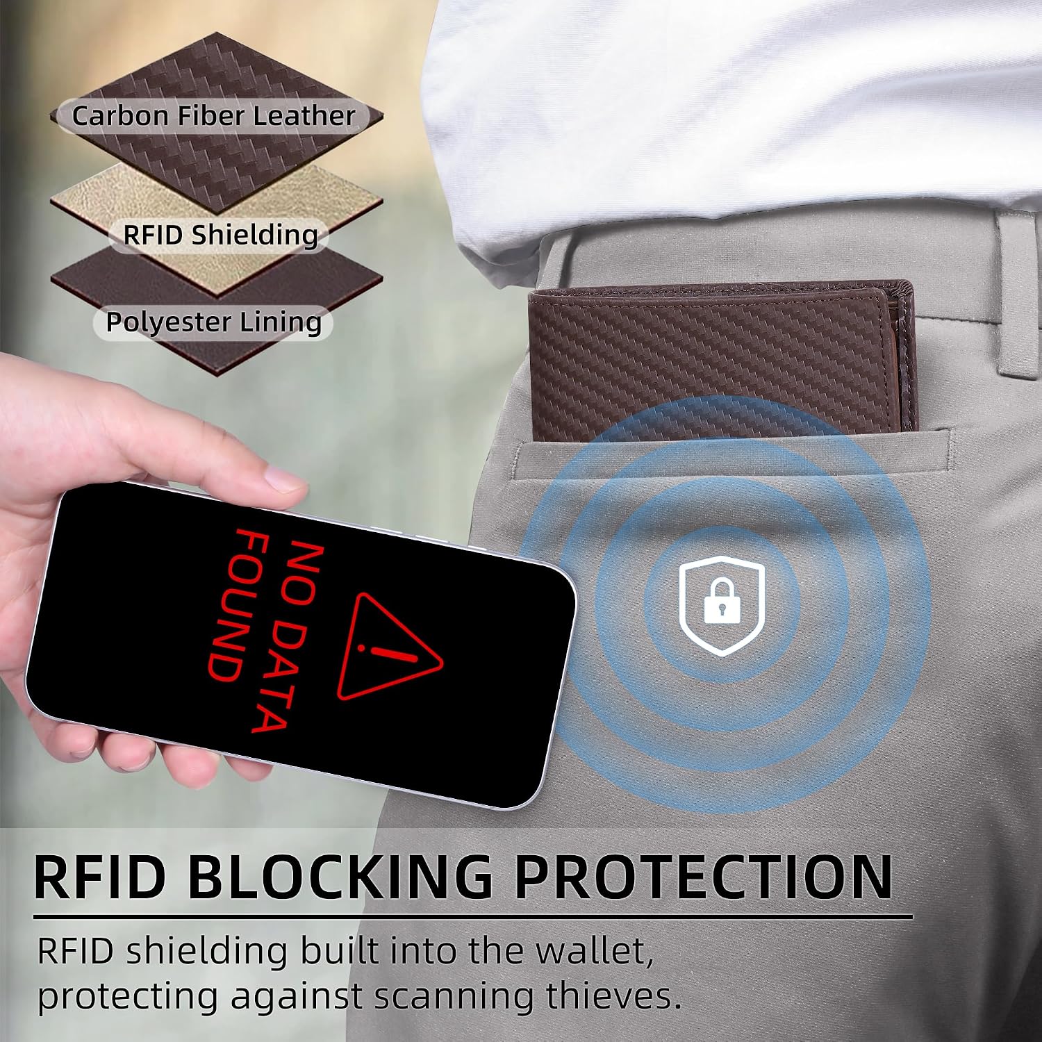 BILLETERA PARA HOMBRE VISOUL BIFOLD DE CUERO CON FIBRA DE CARBONO Y BLOQUEO RFID MARRÓN - 5