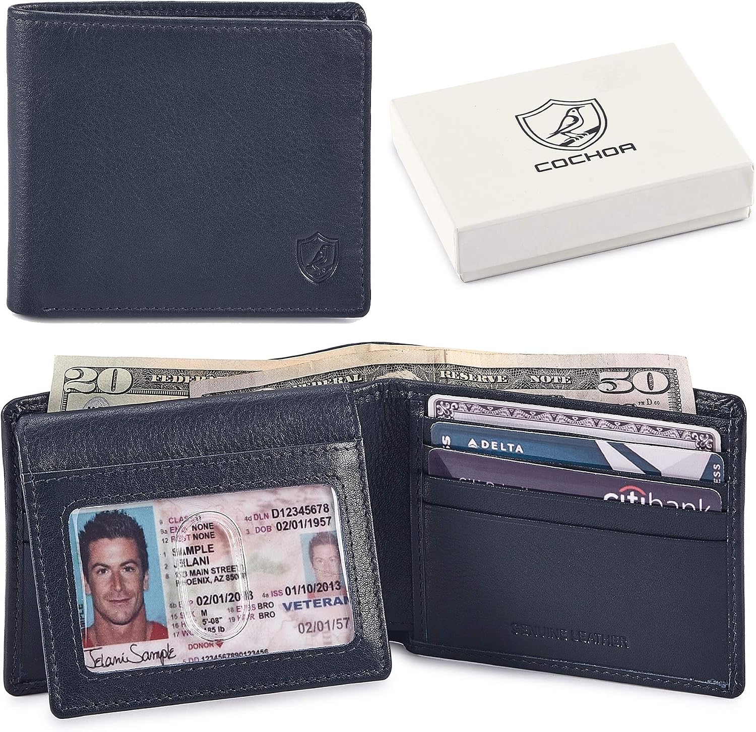 BILLETERA PARA HOMBRE COCHOA SLIM RFID BLOQUEO CUERO NAPA AZUL MARINO - 1
