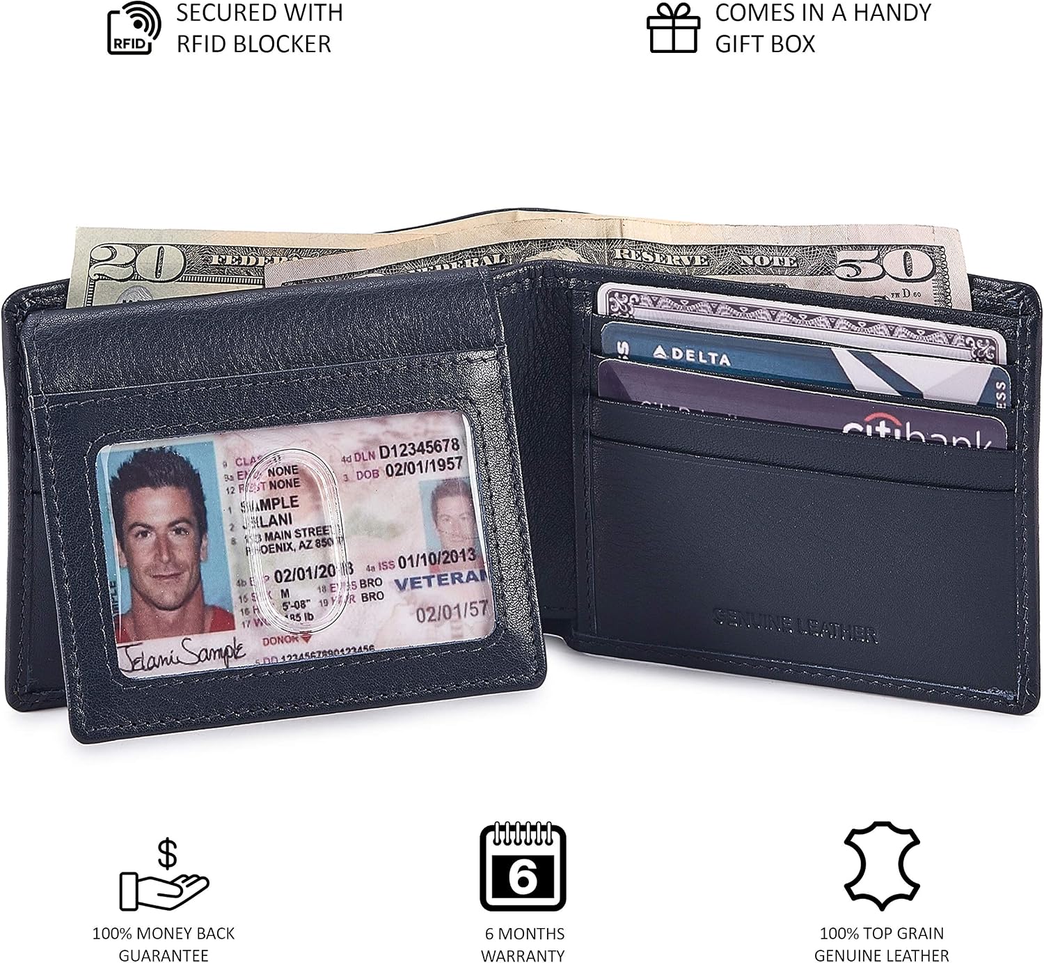BILLETERA PARA HOMBRE COCHOA SLIM RFID BLOQUEO CUERO NAPA AZUL MARINO - 5