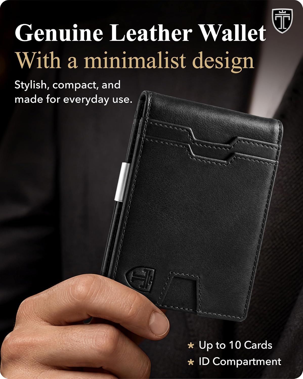 BILLETERA TRAVANDO MONEY CLIP WALLET DE CUERO CON PROTECCIÓN RFID PARA HOMBRE 11 TARJETAS NEGRA - 2