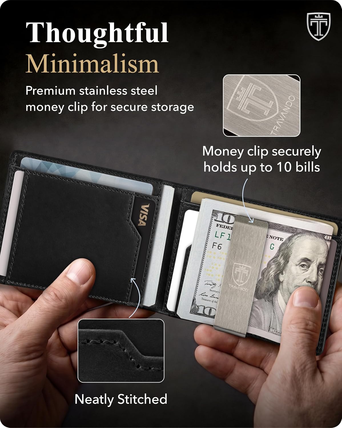 BILLETERA TRAVANDO MONEY CLIP WALLET DE CUERO CON PROTECCIÓN RFID PARA HOMBRE 11 TARJETAS NEGRA - 3