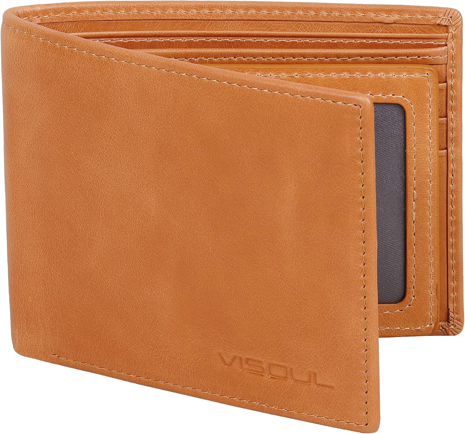 BILLETERA DE CUERO PARA HOMBRE VISOUL BIFOLD CON BLOQUEO RFID Y 2 VENTANAS PARA ID COLOR CUERO - 1