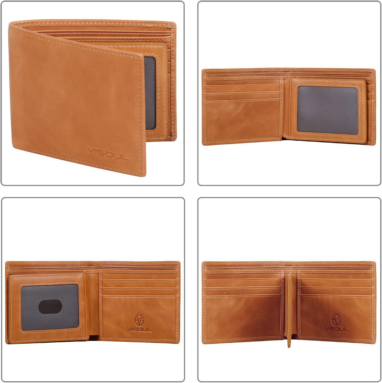 BILLETERA DE CUERO PARA HOMBRE VISOUL BIFOLD CON BLOQUEO RFID Y 2 VENTANAS PARA ID COLOR CUERO - 2