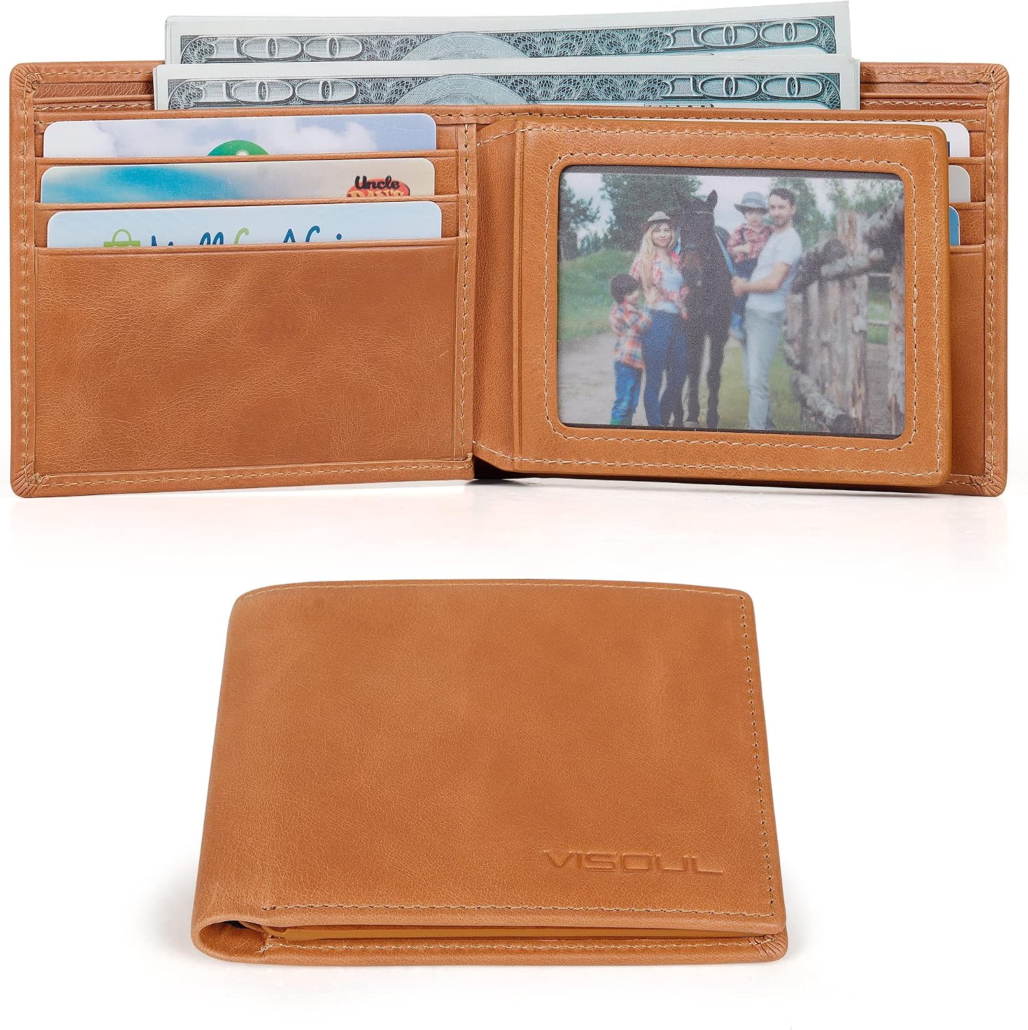 BILLETERA DE CUERO PARA HOMBRE VISOUL BIFOLD CON BLOQUEO RFID Y 2 VENTANAS PARA ID COLOR CUERO - 3
