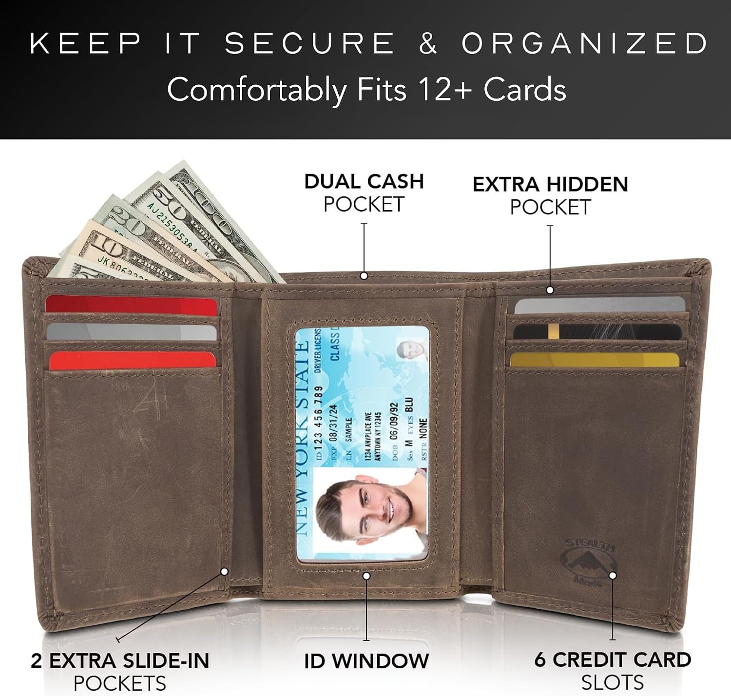 BILLETERA TRIFOLD STEALTH MODE PARA HOMBRE CON BLOQUEO RFID TAUPE - 2