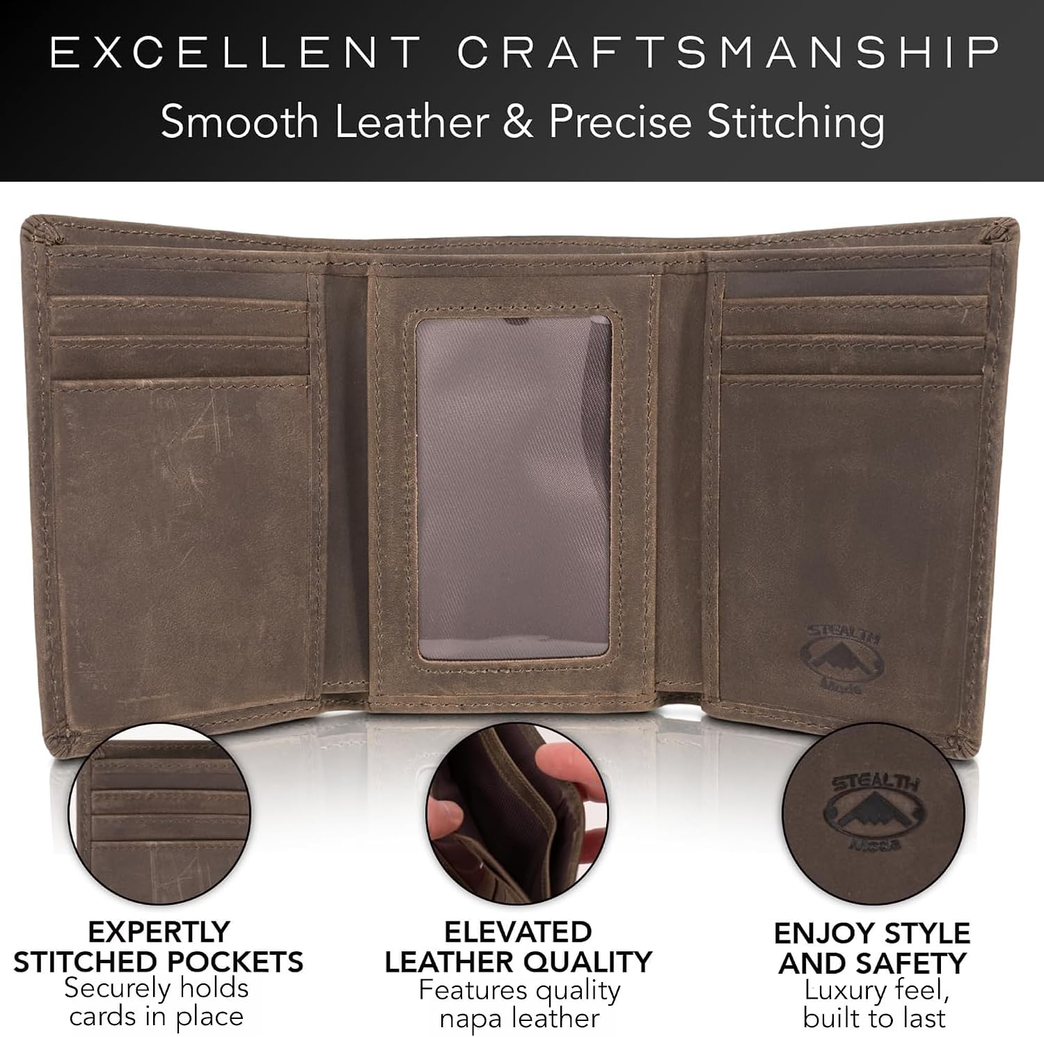 BILLETERA TRIFOLD STEALTH MODE PARA HOMBRE CON BLOQUEO RFID TAUPE - 3
