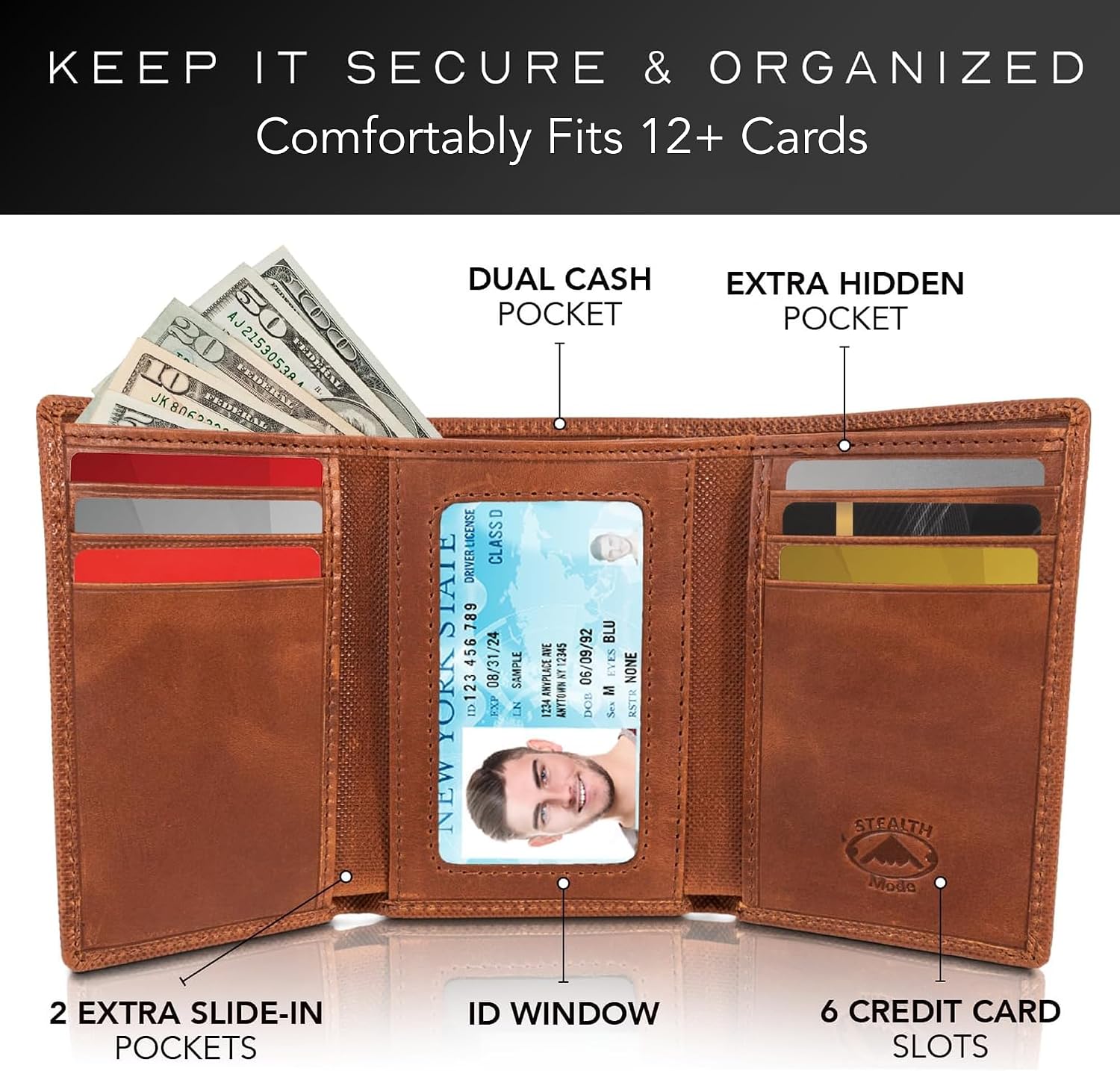 BILLETERA TRIFOLD DE CUERO STEALTH MODE PARA HOMBRE CON BLOQUEO RFID - 2